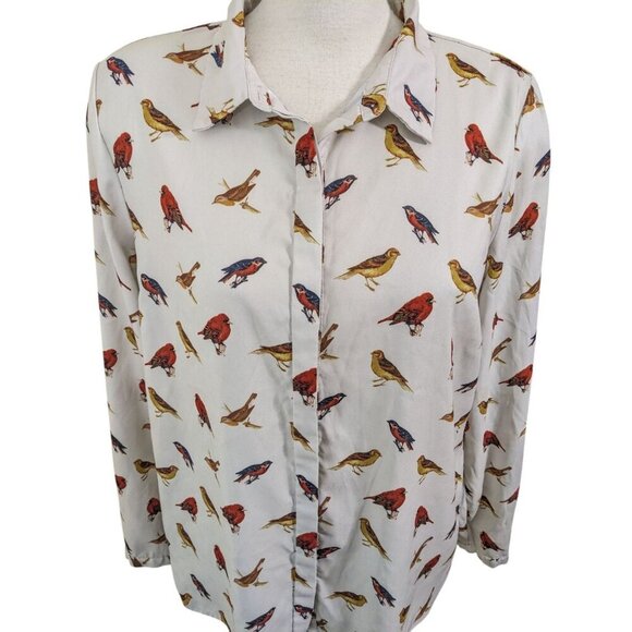 Forever 21 Womens Blouse Button Up Top Shirt Size L Cream All Over Bird Print - Picture 3 of 12